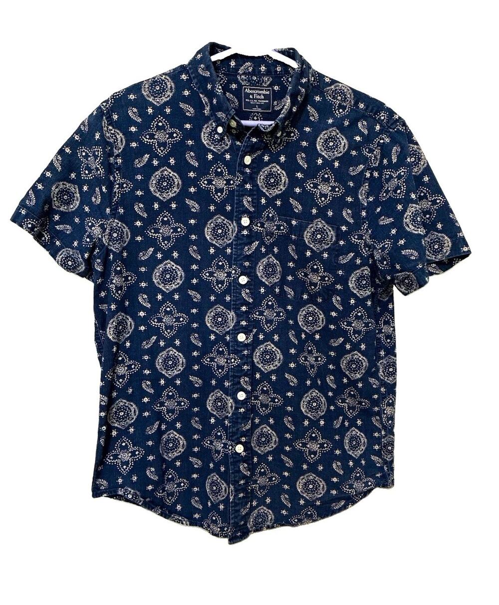 Abercrombie & Fitch Men's L Slim Blue Paisley Cotton Woven SS Button-Down